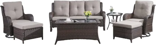 Miniatura 13 de HUMMUH Sillas Mecedoras Giratorias de Mimbre para Patio Exterior con Respaldo Alto, Sillas Deslizantes de Ratán PE, Juego de Muebles de Patio de 4