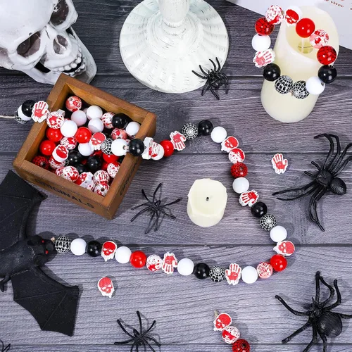 Miniatura 4 de Whaline 130 cuentas de madera de Halloween de 0.632 pulgadas (0.630 in) con cuentas de madera de truco o trato sangriento, telaraña, cuentas