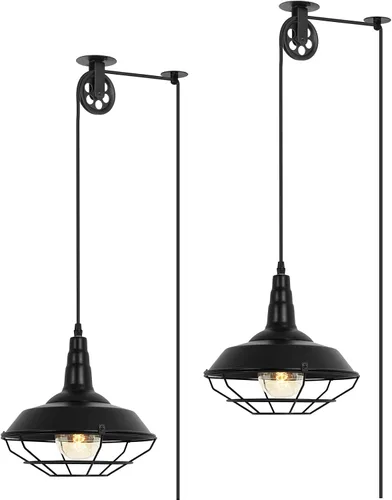 Miniatura 10 de Lámpara Colgante Industrial Negra Enchufable con Polea con Cable de 19.5 pies con Interruptor de Encendido/Apagado, Moderna Lámpara Colgante