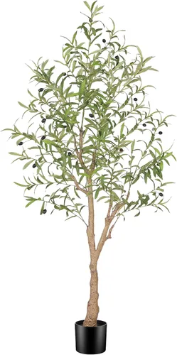 FEELEAD Árbol de olivo artificial de 5 pies, olivo sintético con hojas realistas y tronco natural, olivo falso en maceta para el hogar, sala de
