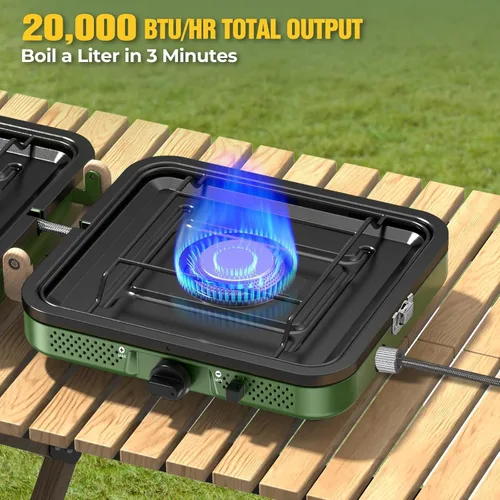Miniatura 9 de Estufa de campamento de 2 quemadores, estufa de campamento de propano de 10000 BTU, estufa portátil plegable de gas, equipo esencial de campamento
