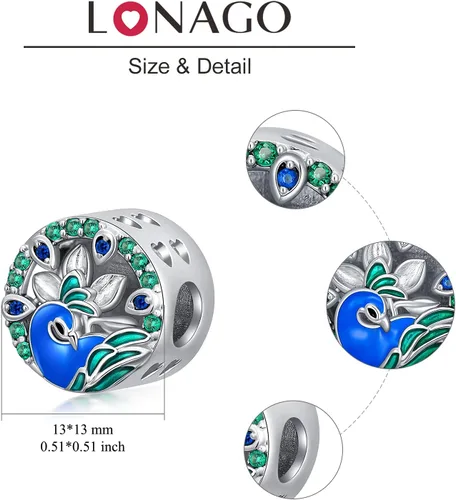 Miniatura 5 de LONAGO Abalorio de plata de ley 925 con diseño de mariposa y pavo real para mujer