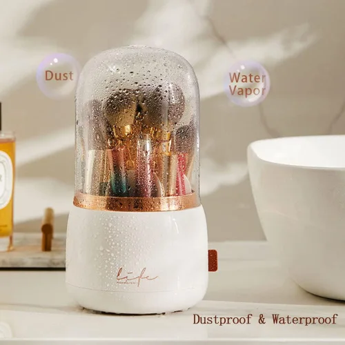 Miniatura 5 de Organizador de brochas de maquillaje rosa con tapa giratoria de 360 grados [2023] Organizador de brochas de cosméticos transparente para tocador