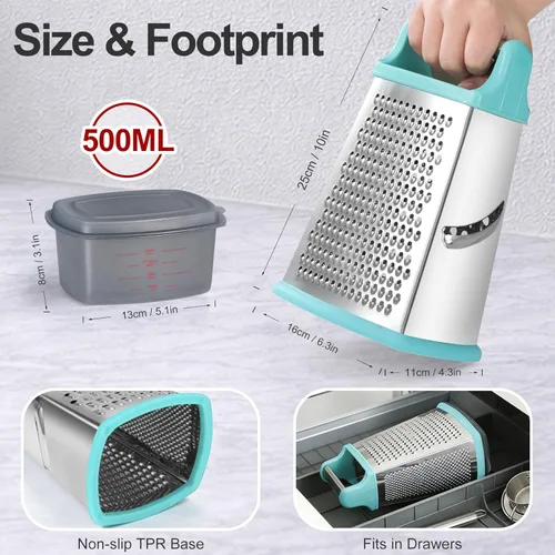 Miniatura 3 de Ourokhome Rallador de queso con asa, rallador de caja de acero inoxidable, triturador de verduras de cocina de 4 lados con recipiente para Couating