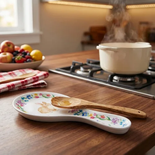 Miniatura 2 de UP ware - Soporte para cuchara de melamina con diseño floral de conejito para estufa, encimera de cocina y mesa de comedor, 9.625 pulgadas