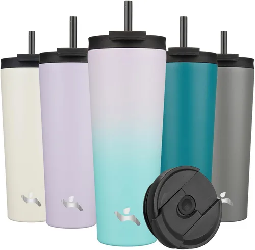 Miniatura 49 de Konokyo Vaso aislado de 18 onzas con tapa y 2 pajillas, botella de agua de acero inoxidable, taza de viaje al vacío, taza de café, color blanco ángel