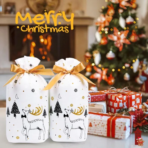 Miniatura 5 de HRX Package 50 bolsas de regalo de Navidad, 5.8 x 9 x 2.4 pulgadas, con cordón, bolsas de dulces, bolsas de regalo de fiesta para galletas Blanco