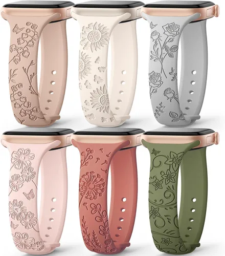 Miniatura 13 de AMSKY Paquete de 6 correas delgadas con grabado floral compatibles con Apple Watch Band 1.575 in 1.614 in 1.654 in 1.496 in 1.732 in 1.772 in 1.811