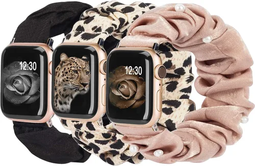 Miniatura 30 de TOYOUTHS - 3 paquetes compatibles con Apple Watch Band Scrunchies 1.496 in (38 mm) tela suave patrón impreso pulsera de tela para mujer iWatch