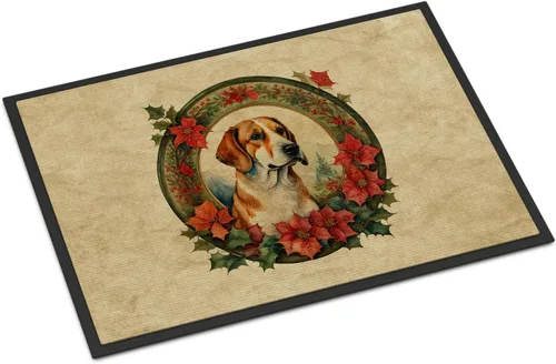 Caroline's Treasures DAC2358JMAT English Foxhound Christmas Flowers Doormat Front Door Mat Indoor Outdoor Rugs for Entryway, Non Slip Washable Low
