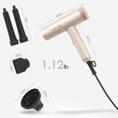 Miniatura 6 de TOME Hair Dryer, 1875W High-Speed EC Motor 110,000 RPM Ionic Blow Dryer, Fast Drying, Cool Shot Lock, 3 Heat 2 Speed, 3 Attachments