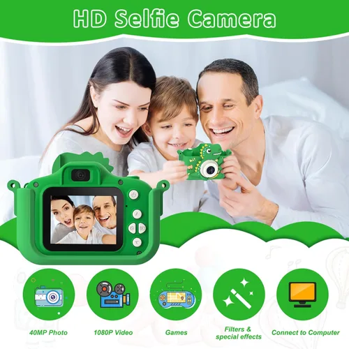 Miniatura 3 de Cámara de dinosaurio para niños, cámara HD selfie para niños pequeños, juguetes de cumpleaños de Navidad para niños y niñas de 3 a 12 años, cámara
