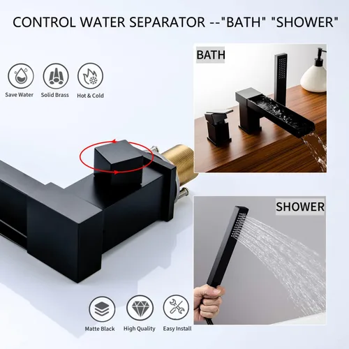 Miniatura 2 de Grifo de bañera romano negro con ducha de mano, grifo de bañera de montaje en cubierta con rociador, juego de grifo de bañera en cascada