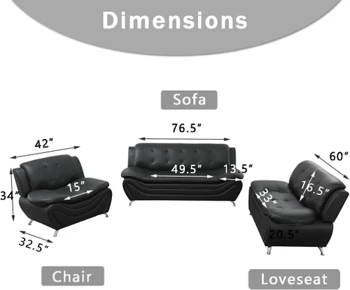 Miniatura 2 de Sofás de cuero para sala de estar, juego de sofá para dormitorio, apartamento, juegos de muebles de sala (a-cuero negro, sofá+sofá biplaza+silla)