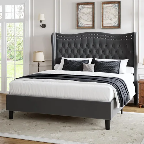 Miniatura 3 de Marco de cama tapizado tamaño completo con cabecera alta, marco de cama plataforma de terciopelo con respaldo alado con botones profundos Gris