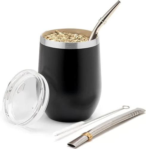 Miniatura 9 de BALIBETOV Juego de calabaza de yerba mate de acero inoxidable premium, 5 piezas, incluye calabaza de 12 onzas con tapa, 2 bombillas, cepillo
