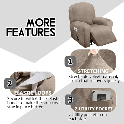 Miniatura 3 de ULTICOR Funda reclinable de terciopelo para sofá reclinable de 4 piezas, 1 asiento, fundas elásticas de terciopelo para sofá reclinable de 1 cojín