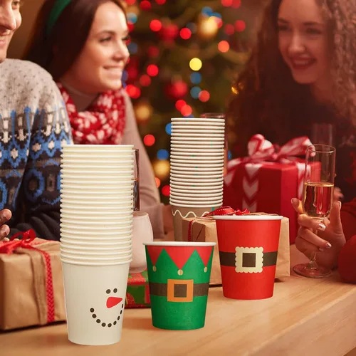 Miniatura 6 de Funtery 100 piezas de vasos de papel de Navidad, vasos de café desechables de Navidad con copos de nieve, muñeco de nieve, alce, luces, 9 onzas