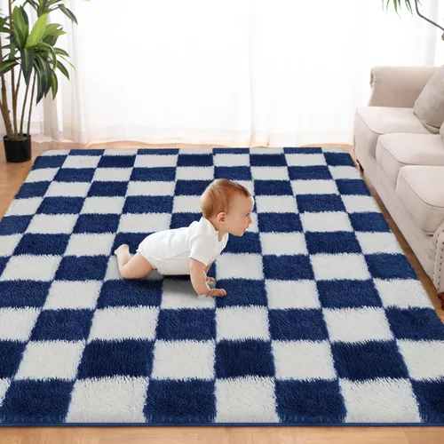 Miniatura 13 de Alfombra de área súper suave en blanco y negro, de 5 x 7 pies, alfombra clásica a cuadros de pelo alto mullida para dormitorio, sala de estar, Negro