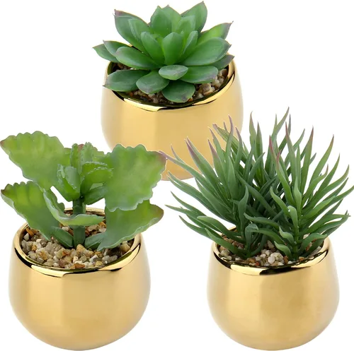 Miniatura 11 de Briful Pequeñas suculentas artificiales en macetas, juego de 2 plantas suculentas realistas con macetas de cerámica doradas, lindas mini plantas