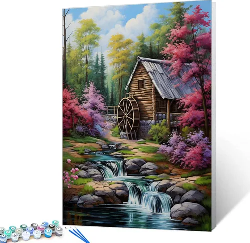 Miniatura 13 de Tucocoo Kit de pintura de flores para casa por números con pinceles y pigmento acrílico sobre lienzo para adultos, paisajes de bosques arroyos