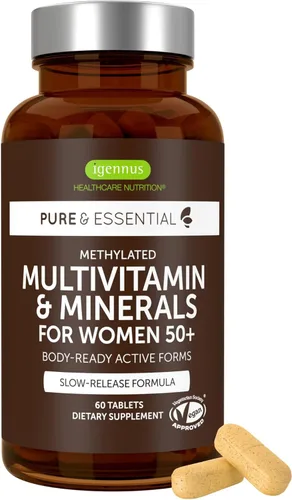 Igennus Multivitamínico metilado para mujeres de 50 años, calcio y magnesio para apoyo óseo, liberación sostenida y vitaminas B activas, fórmula sin