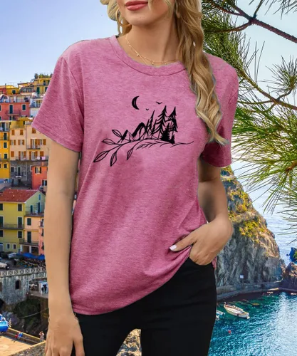 Miniatura 82 de Camisetas sin mangas de senderismo y montaña para mujer, divertidas camisetas de entrenamiento con gráficos de pino y amanecer, camisetas de verano