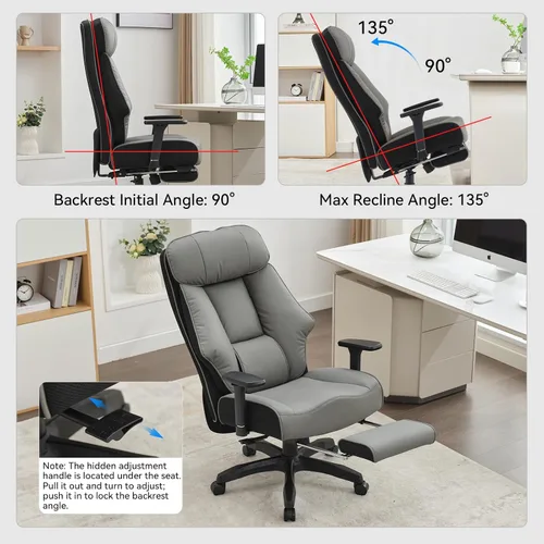 Miniatura 4 de DJ·Wang Silla de oficina grande y alta, 400 libras con reposapiés, silla de oficina ejecutiva de respaldo alto con cojín de resorte extragrueso