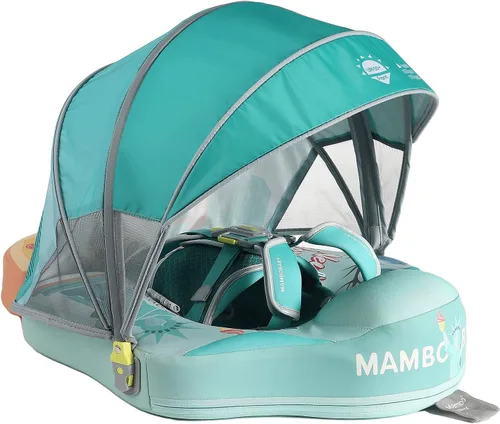 Miniatura 7 de Mambobaby Flotador de piscina para bebés sin deslizamiento con toldo y cola flotador de natación no inflable para bebés, espuma perla, UPF 50+