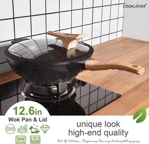 Miniatura 5 de Woks y sartenes antiadherentes de aluminio fundido a presión resistentes a los arañazos 100% libres de PFOA con tapa de 31.9 cm - Negro