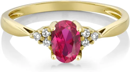 Miniatura 3 de Gem Stone King Anillo de compromiso para mujer de oro amarillo de 14 quilates con rubí y diamantes creados