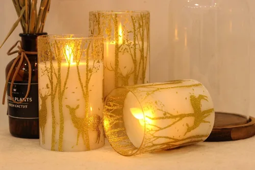 Miniatura 3 de GenSwin Velas de cristal sin llama parpadeantes con decoración de ciervos y temporizadores remotos, luz LED de mecha móvil a pilas, juego de 3 velas
