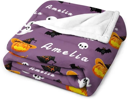 Miniatura 5 de PUREFLY Manta personalizada de Halloween con nombre para bebé, sombrero de bruja de calabaza, murciélagos negros, decoración de manta de forro polar