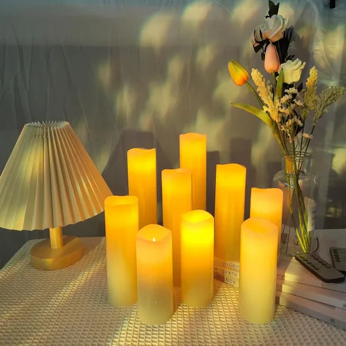 Miniatura 2 de OSHINE Vela LED sin llama, funciona con pilas, juego de 9 pilares parpadeantes con control remoto de 10 teclas y temporizador de 24 horas, velas