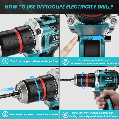 Miniatura 8 de DIYtoolifz Taladro Eléctrico Inalámbrico Compatible con Batería de 18V de Makita, Juego de Taladro Eléctrico Sin Escobillas de 1/2 Pulgadas, 440
