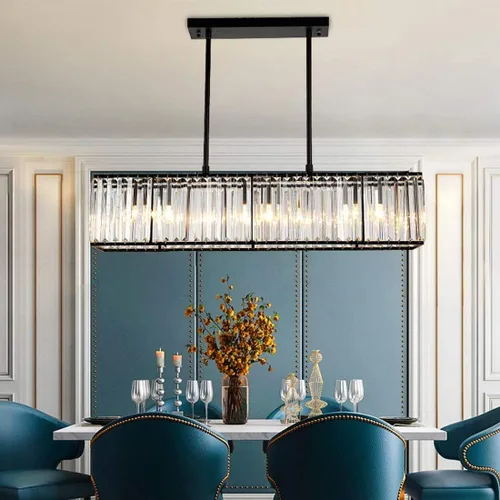 Miniatura 5 de Siljoy Candelabro rectangular moderno de cristal, 5 luces, color negro, rectangular, con forma de gota de lluvia, lámpara de techo colgante lineal