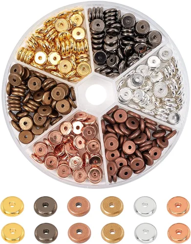 PH PandaHall Cuentas espaciadoras de disco redondo plano de 0.315 in, 300 cuentas espaciadoras Heishi de metal de 6 colores, conector para