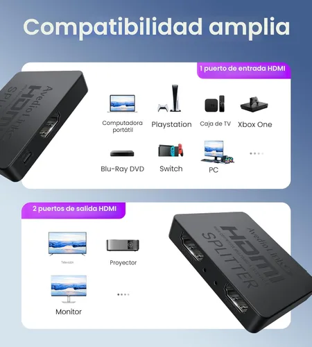 Miniatura 8 de avedio links Divisor HDMI 4K@60Hz, Divisor HDMI 1 entrada y 2 salidas - No extiende la pantalla (Solo duplica las pantallas), Soporta 3D Dol-by