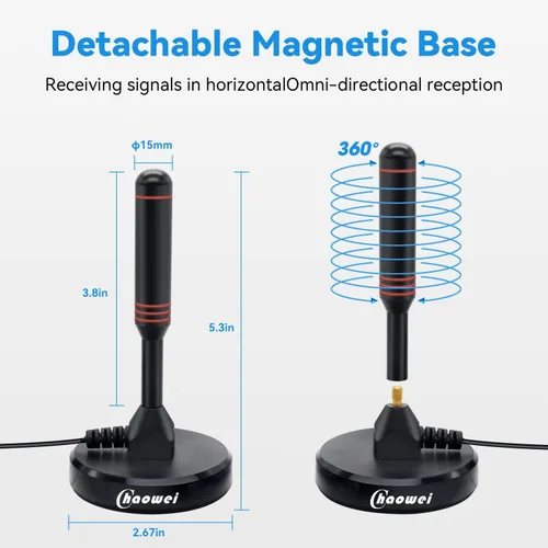 Miniatura 3 de Chaowei Antena digital HDTV con base magnética, cable coaxial HDTV de 16.5 pies, antena de TV portátil para interiores y exteriores para 4K 1080p