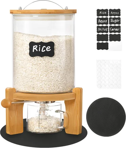 Dispensador de arroz de vidrio de 5 a 7 libras con soporte de madera, contenedor de harina y cereales con taza medidora de vidrio, etiquetas y