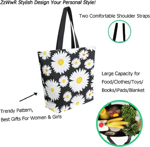 Miniatura 2 de Elegante bolsa de hombro extragrande con estampado para viajes a la playa, fin de semana, gimnasio, compras de comestibles.., Daisy Flower, Casual