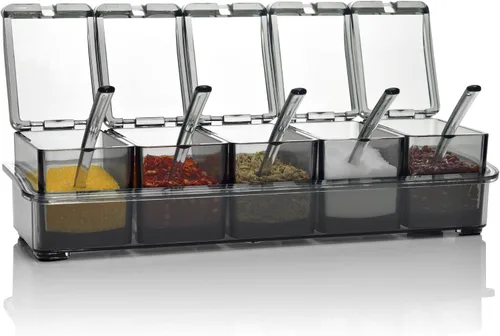 Miniatura 11 de V·RESOURCING Caja de condimentos transparente, 3 piezas de recipientes de especias con soporte para condimentos, sal y azúcar, con 3 cucharas