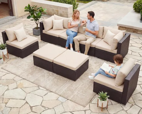 Miniatura 40 de NICESOUL Juego de muebles de patio para exteriores de 7 piezas con mesa para hoguera, gas natural y propano convertible, respaldo alto de 29.3