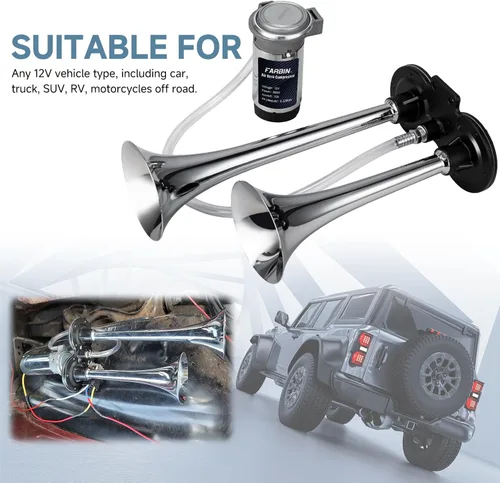 Miniatura 2 de FARBIN - Bocina de coche de 12 V, 150 dB, bocina de aire súper fuerte, bocinas de aire de doble trompeta de zinc cromado, bocina de camión con arnés