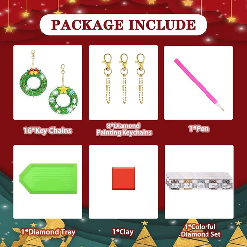 Miniatura 6 de YUE ZHE 16 PCS Kits de Arte de Diamante de Navidad para Adultos, Llaveros de Arte de Diamante Doble Cara, Llaveros de Pintura 5D de Navidad DIY
