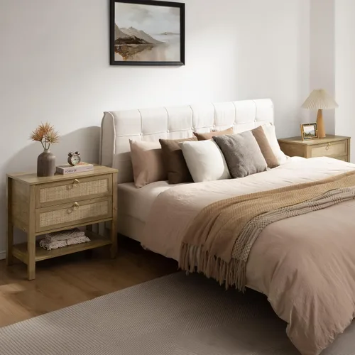 Miniatura 5 de Sicotas - Mesita de noche con cajones y estante de almacenamiento - Gran mesita de noche de ratán, decoración boho, mesita de cabecera estrecha