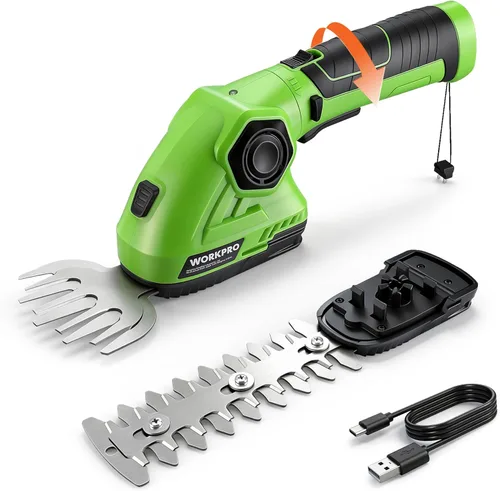 WORKPRO Tijera inalámbrica para podar hierba y recortador de arbustos - Recortador de setos manual 2 en 1, cortador de césped eléctrico de 7,2 V,