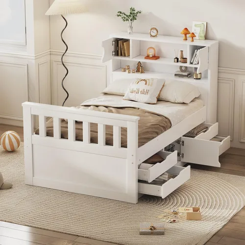 Miniatura 11 de Cama de plataforma de tamaño individual con cabecera de almacenamiento, cama nido individual y estación de carga, cama capitanes de madera de pino
