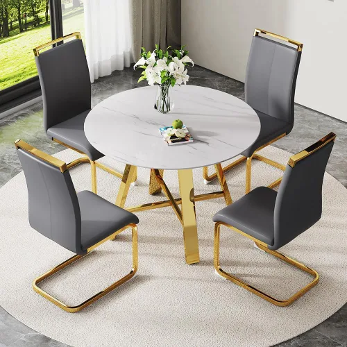 Miniatura 10 de Juego de 4 sillas de comedor redondas de 42 pulgadas para 4, sillas de mesa de cocina modernas para 4 mesas de comedor de mármol sintético, sillas