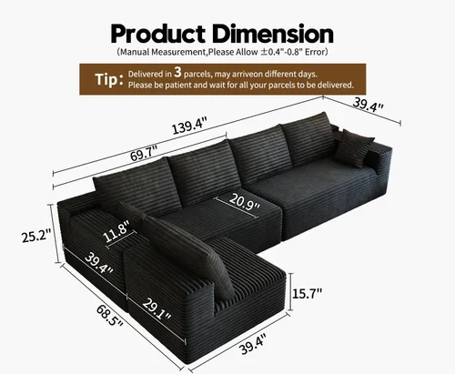 Miniatura 2 de Sofá modular modular de 139.4 pulgadas, sofás minimalistas en forma de L con diván de asiento medio, moderno sofá convertible de asiento profundo